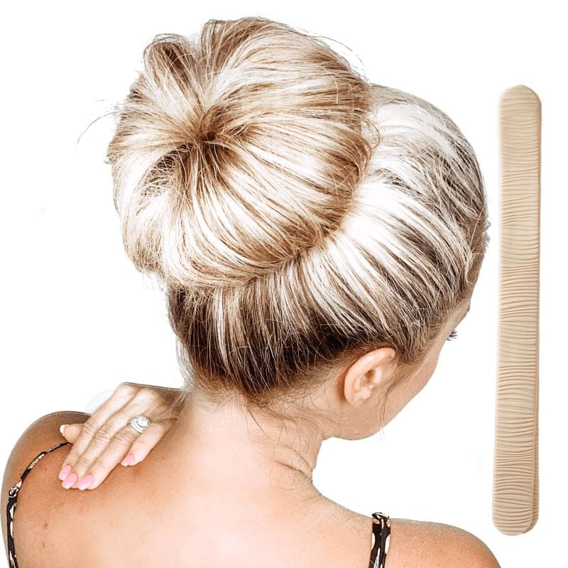 One light blonde color Bun Barz for hair buns. Joined at one end and open on the other, this hair accessory is designed to hide in the hair.
