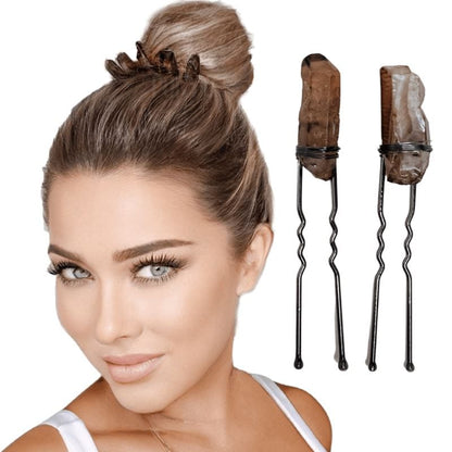 Two u-shaped hair pins with smoke color crystals attached at the top with fine wire.