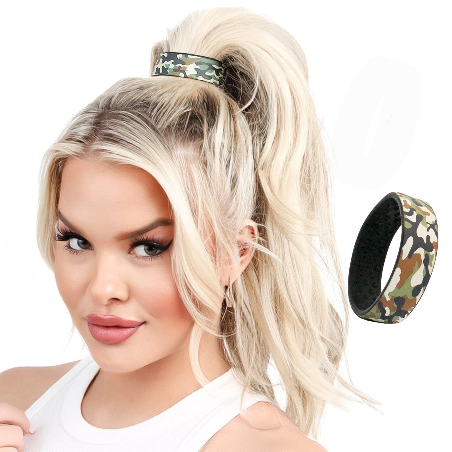 Camo Limited Edition Designer PONY-O. This larger size is perfect for ponytails and all-up styles.