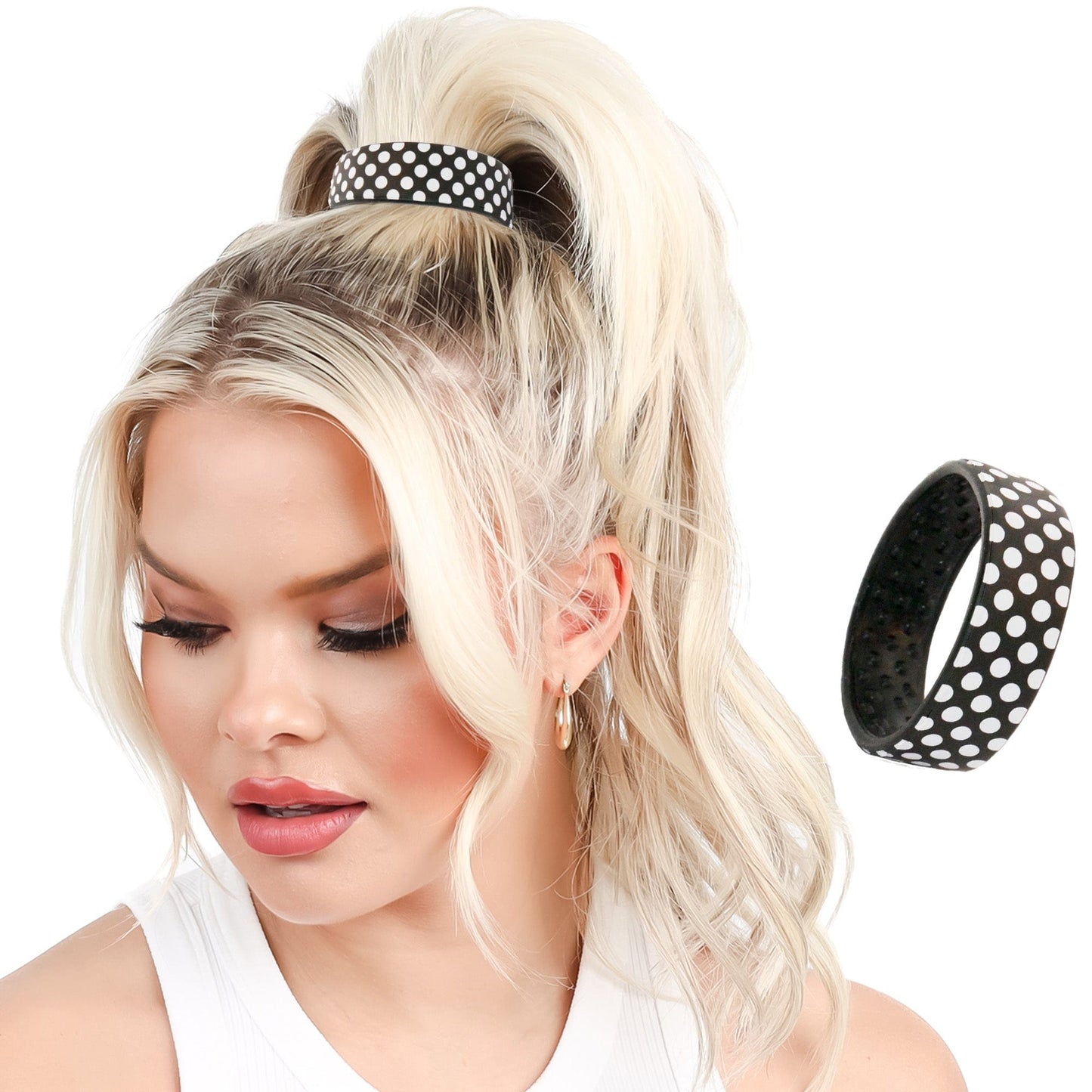 Polka Dot Limited Edition Designer PONY-O. This larger size is perfect for ponytails and all-up styles.